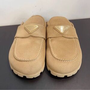 Prada Beige Suede Loafer Mules with Gold Triangle Logo